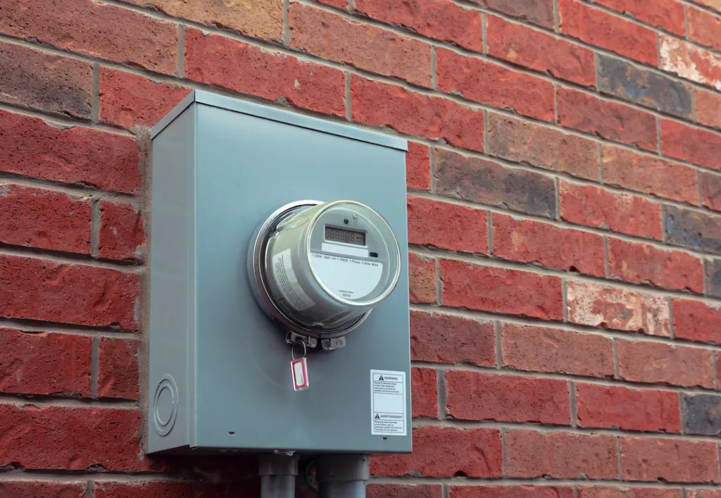 Electricity hydro power electric energy smart meter on the brick wall