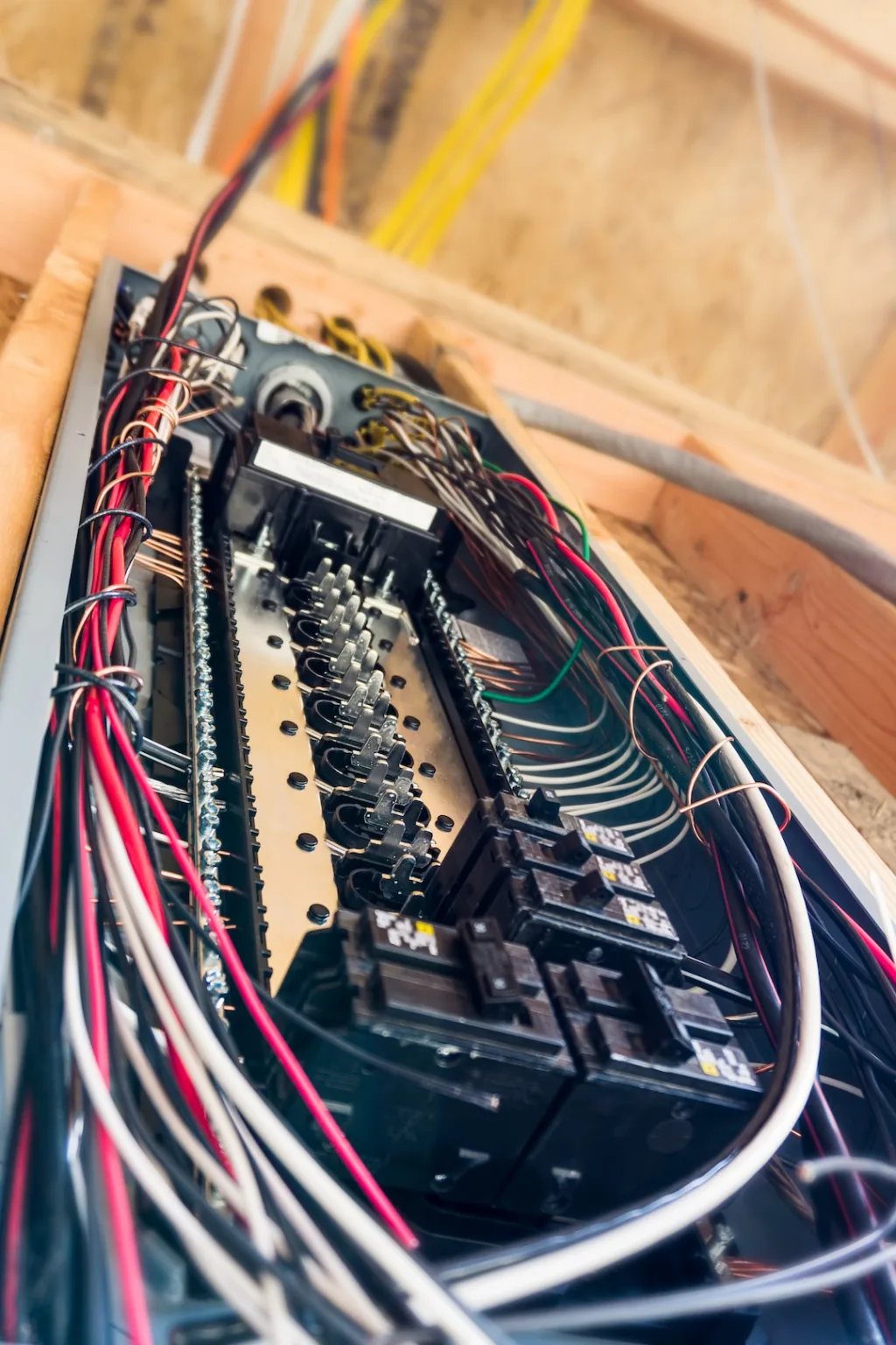 Installation of an electrical panel on a residential construction site in Oregon, U.S.A.