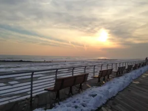 Winter Sunset scene from the boardwalk at Long Beach, Long Island, NY.