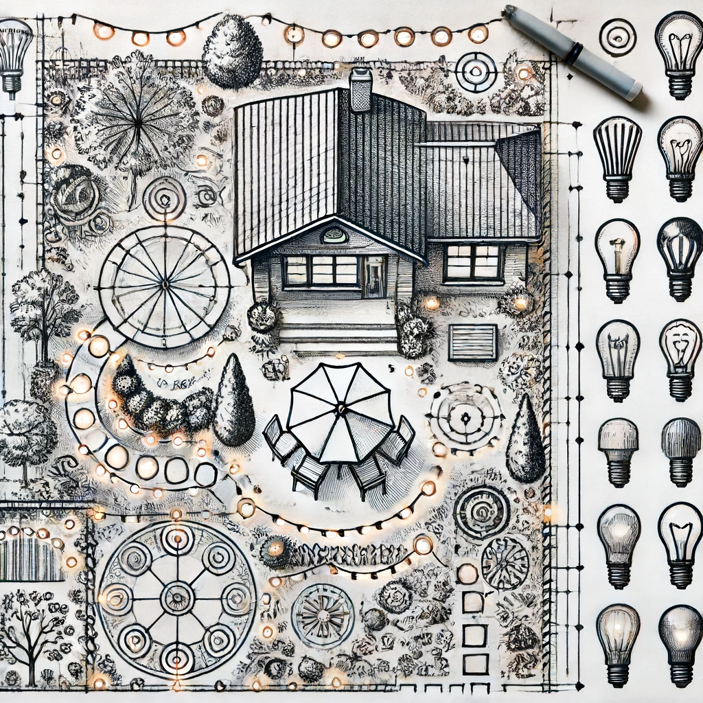 outdoor lighting plan hand drawn showing house, string lights, path lighting in a garden and outlets