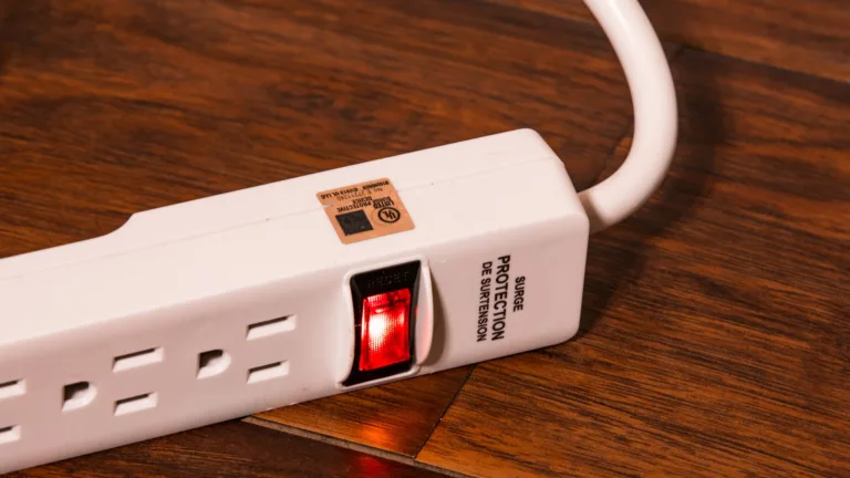A white generic surge protector extension cord with its power turned on. Gold sticker shows that the product has been UL (Underwriters Laboratories) listed.