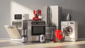 Set of home kitchen appliances in the room with sun light